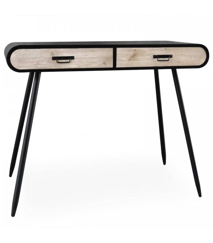 Console Bureau Bois Clair Et Metal Noir Industriel Leo