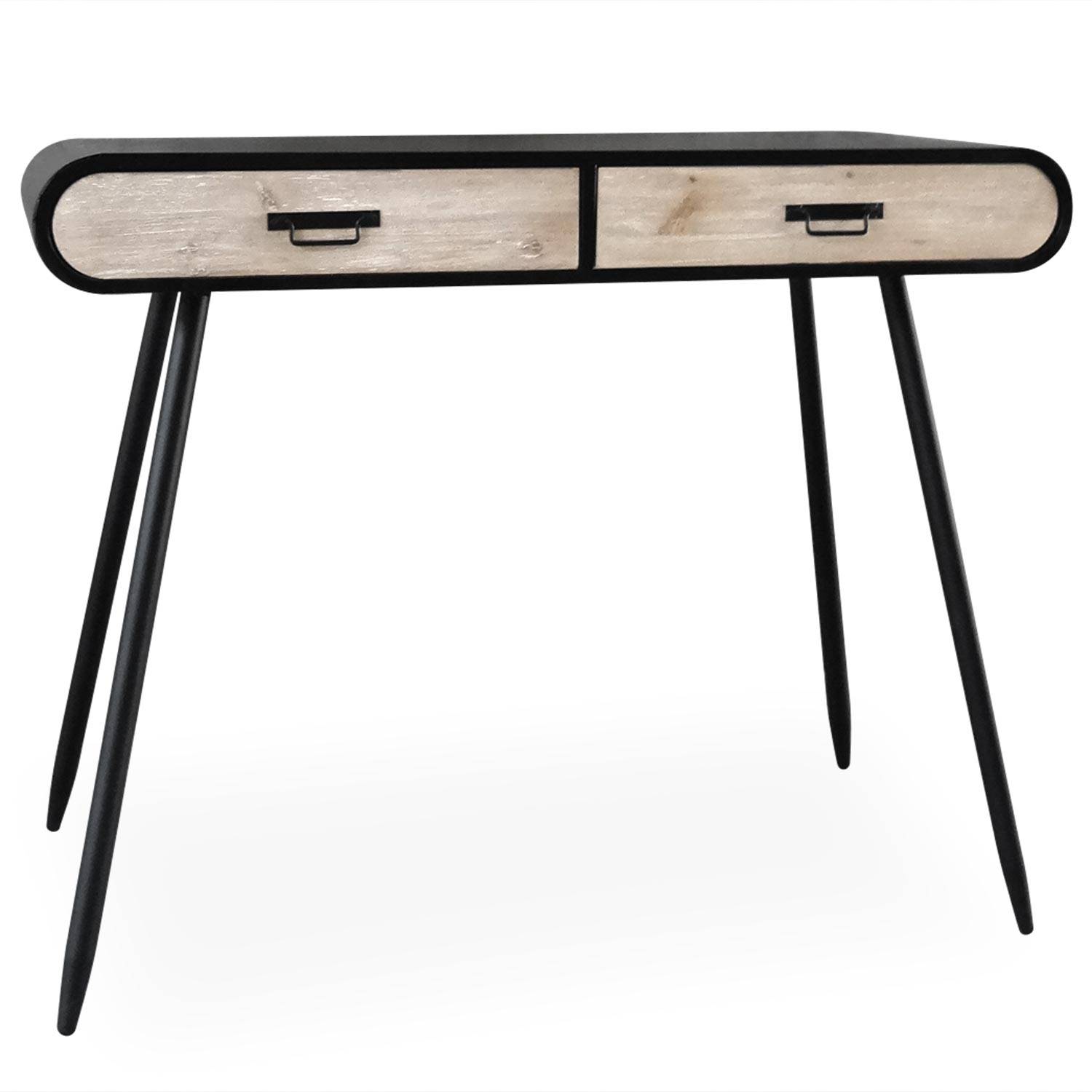 Console Bureau Bois Clair Et Metal Noir Industriel Leo