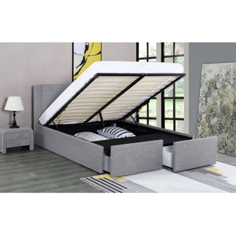 Lit double en tissu effet lin avec coffre et tiroirs Floki