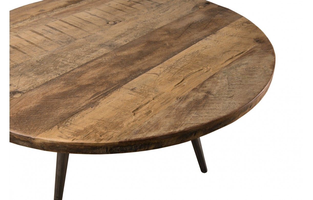 Table basse ronde bois massif teck D55cm H30cm pieds métal SULA