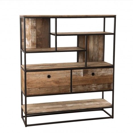 Etagère 2 tiroirs et 7 niches bois Teck recyclé Acacia Mahogany et métal SULA