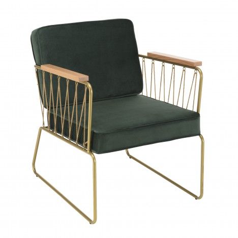 Fauteuil cabanette velours vert foncé pieds métal doré accoudoir cordage BOGOTA