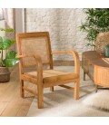 Fauteuil bois clair massif et cannage rotin ANGKOR