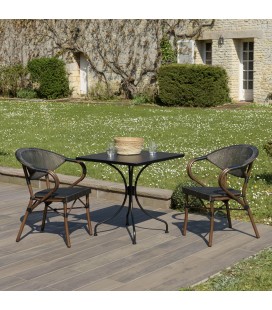 HARRIS - SALON DE JARDIN EN BOIS TECK 2 pers - Ensemble de jardin - 1 Table  carrée pliante 70 cm et 2 chaises textilène taupe