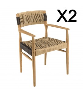 Lot de 2 fauteuils jardin teck rotin synthétique beige et noir VOLANTIS