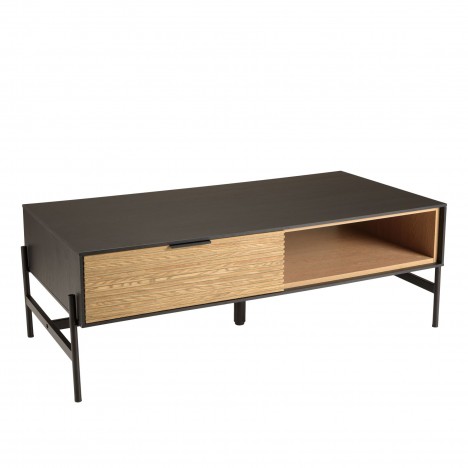 Table basse marron et noire 2 tiroirs 1 niche Pin pieds métal CHARLIE