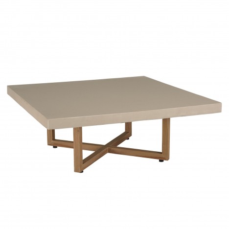 Table basse carrée 107x107cm en béton beige pieds croisés en teck ANGKOR