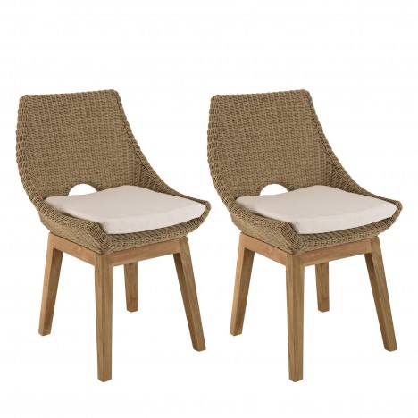 Chaises de jardin en teck et rotin avec coussin crème KODY - Lot de 2