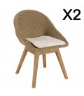 Chaises de jardin dossier enveloppant en rotin et teck avec coussin KODY - Lot de 2