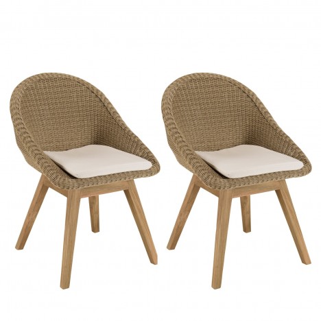 Chaises de jardin dossier enveloppant en rotin et teck avec coussin KODY - Lot de 2