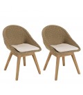 Chaises de jardin dossier enveloppant en rotin et teck avec coussin KODY - Lot de 2