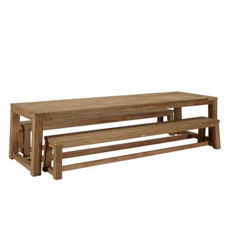 Grand ensemble de jardin 1 table 300cm et 2 bancs en bois de teck KODY