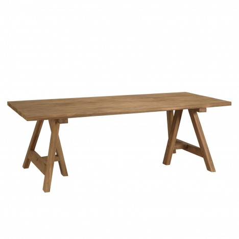 Table d'extérieur en teck 220cm avec pieds style tréteaux KODY