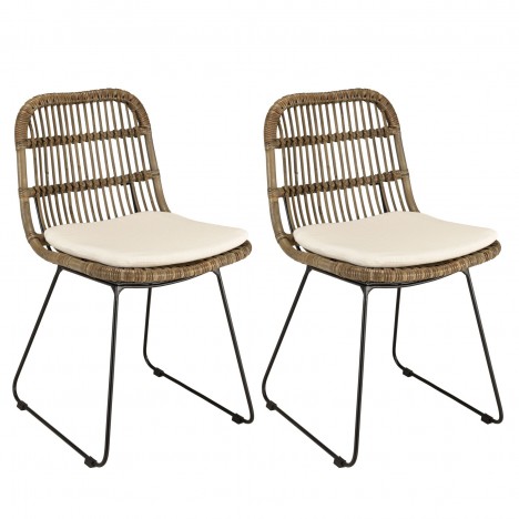 Chaises en rotin avec coussin blanc et pieds noirs CREAM - Lot de 2