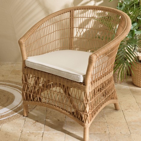 Fauteuil en rotin naturel avec coussin d'assise blanc CREAM