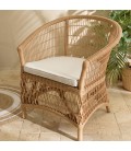 Fauteuil en rotin naturel avec coussin d'assise blanc CREAM