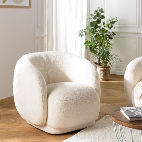 Fauteuil arrondi enveloppant en tissu bouclette écru LEOPOLD