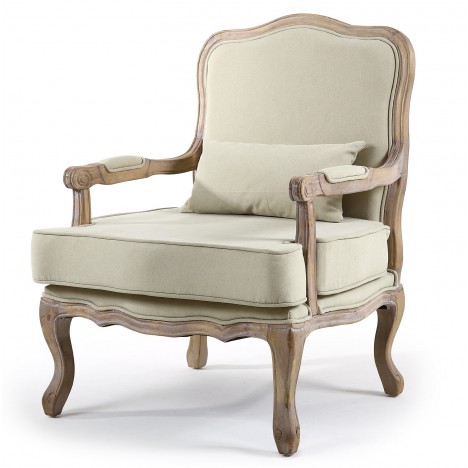 Fauteuil style ancien bois vieilli et tissu beige Mambo