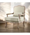 Fauteuil style ancien bois vieilli et tissu beige Mambo