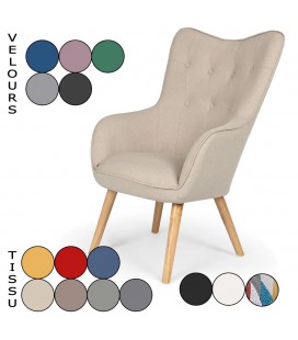 Fauteuil haut dossier et accoudoirs en tissu ou velours LARISSA - 15 coloris