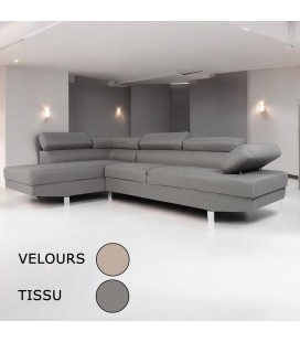 Canapé d'angle à gauche en velours ou tissu avec têtières relevables Alfa