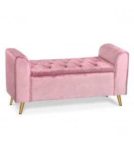 Banc coffre velours rose pieds or WINNY