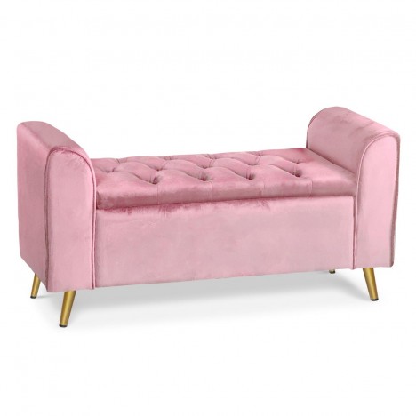 Banc coffre velours rose pieds or WINNY - 