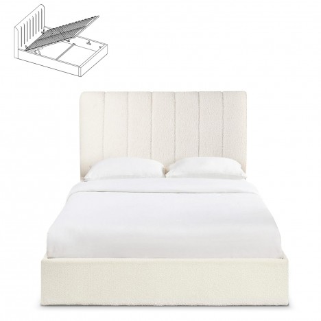 Lit coffre + sommier tissu bouclette crème 140cm DREAMY - 