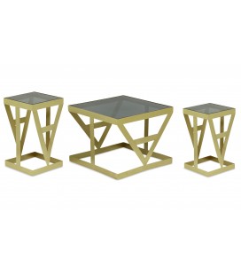 Ensemble de 3 tables d'appoint en verre fumé et métal doré Alrik