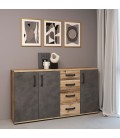 Buffet style industriel avec portes et 4 tiroirs l160cm bois clair et gris Bratislava - 