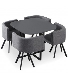 Ensemble table 90cm et 4 chaises encastrables tissu gris Osly