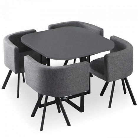 Ensemble table et 4 chaises encastrables tissu gris Osly