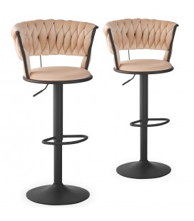 Lot de 2 chaises de bar dossier arrondi maillage velours beige Carmen