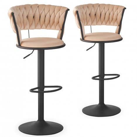 Lot de 2 chaises de bar dossier arrondi maillage velours beige Carmen - 