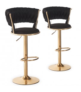 Lot de 2 chaises de bar dossier maillage velours noir et métal doré Carmen