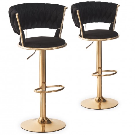 Lot de 2 chaises de bar dossier maillage velours noir et métal doré Carmen - 