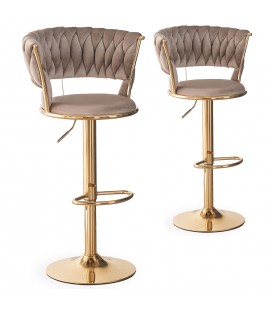 Lot de 2 chaises de bar dossier maillage velours taupe et métal doré Carmen