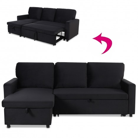 Canapé d'angle convertible velours noir Catania - 