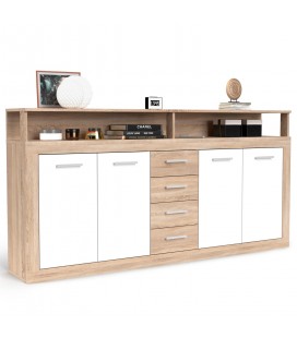 Buffet contemporain l190cm 4 portes er 4 tiroirs bois sonoma et blanc Dubrovnik