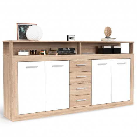 Buffet contemporain l190cm 4 portes er 4 tiroirs bois sonoma et blanc Dubrovnik - 