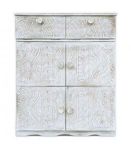 Buffet bois sculpté style ethnique 6 portes l70cm blanc patiné Emily