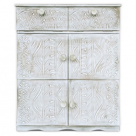 Buffet bois sculpté style ethnique 6 portes l70cm blanc patiné Emily - 