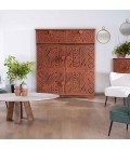 Buffet bois sculpté style ethnique 6 portes l70cm bois cuivre Emily - 