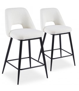 Lot de 2 chaises de bar métal noir et tissu bouclette crème Francesco