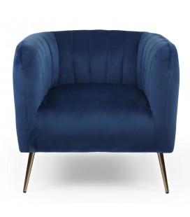 Fauteuil moderne pieds métal doré et velours bleu Freja