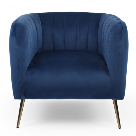 Fauteuil moderne pieds métal doré et velours bleu Freja - 