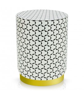 Pouf cylindrique motif géométrique noir et blanc pied doré Alejandro