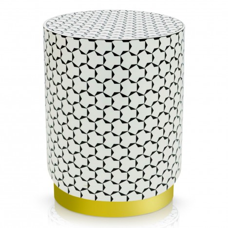 Pouf cylindrique motif géométrique noir et blanc pied doré Knut - 