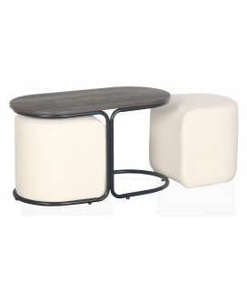 Table basse avec 2 poufs intégrés bois et tissu crème Livaretti