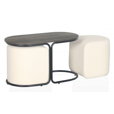 Table basse avec 2 poufs intégrés bois et tissu crème Livaretti - 